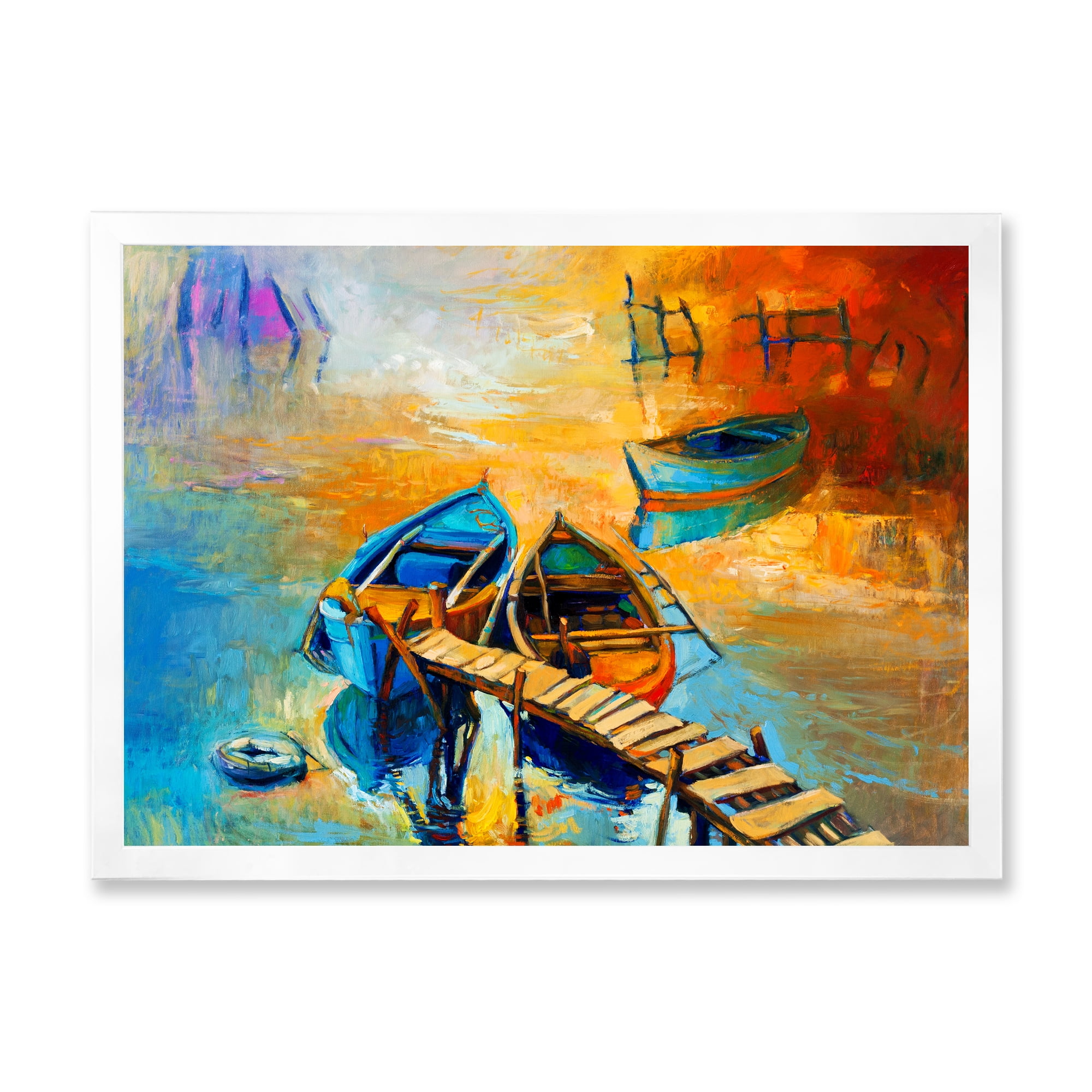 Boat At The Lake During Evening Glow V 32 in x 16 in Framed Painting Canvas Art Print, by Designart