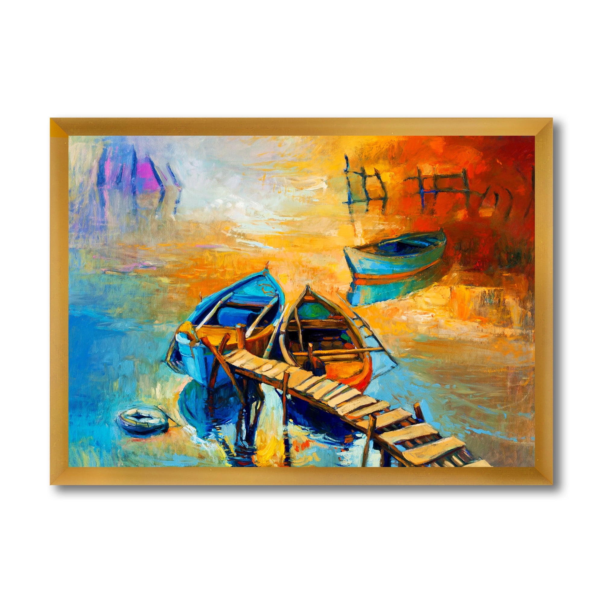 Boat At The Lake During Evening Glow V 32 in x 24 in Framed Painting Canvas Art Print, by Designart