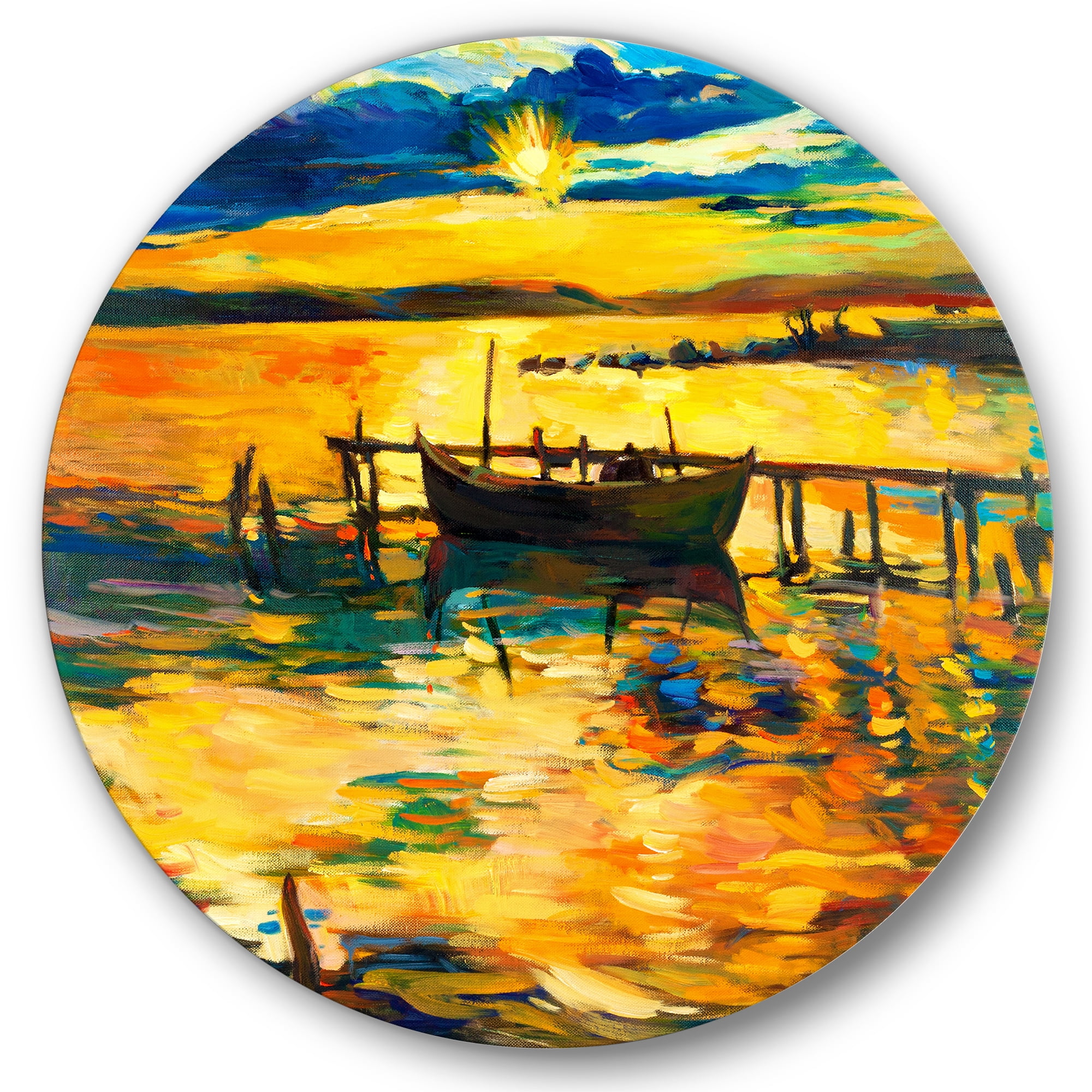 Boat At The Lake During Evening Glow VI 11 in x 11 in Painting Art Prints, by Designart