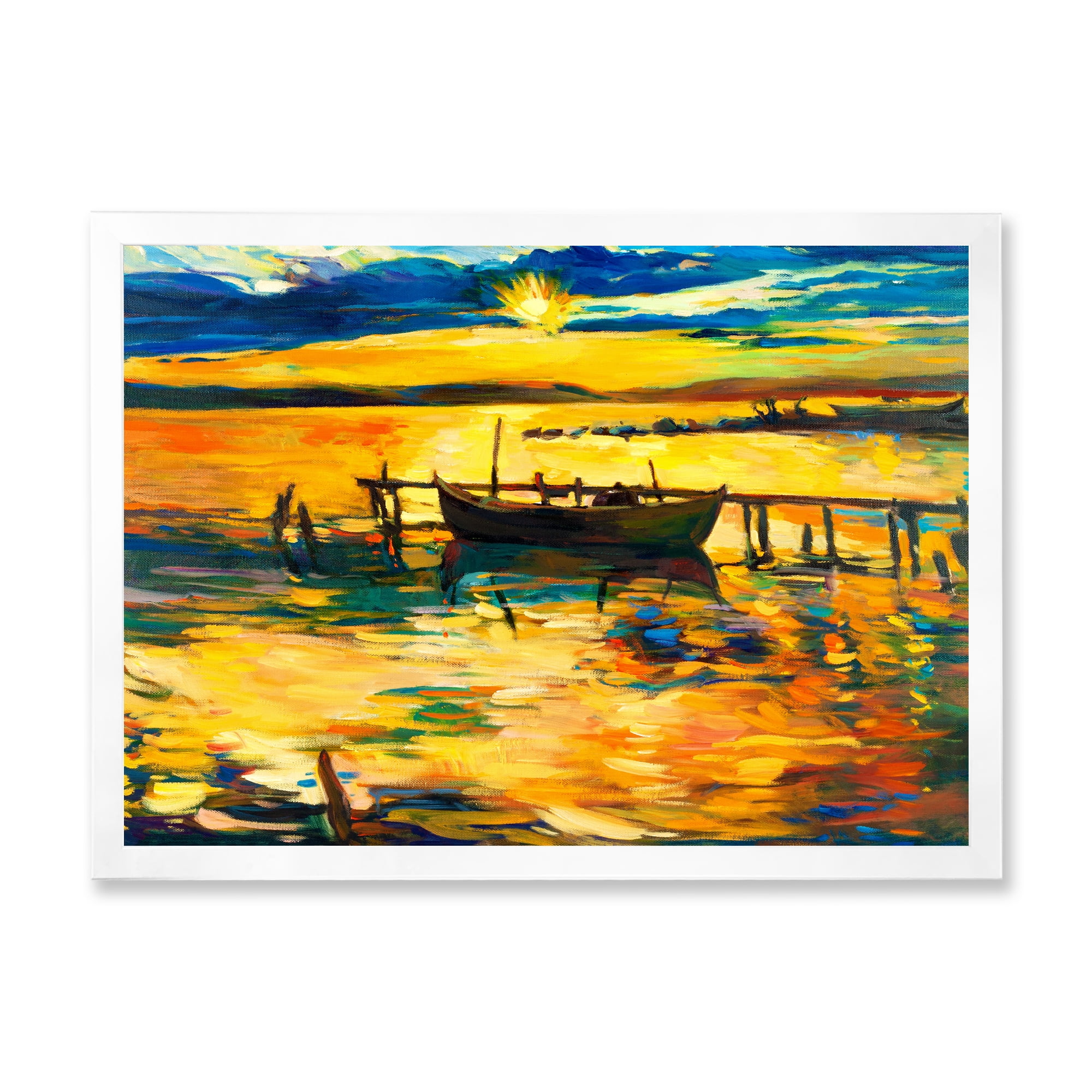 Boat At The Lake During Evening Glow VI 32 in x 16 in Framed Painting Canvas Art Print, by Designart