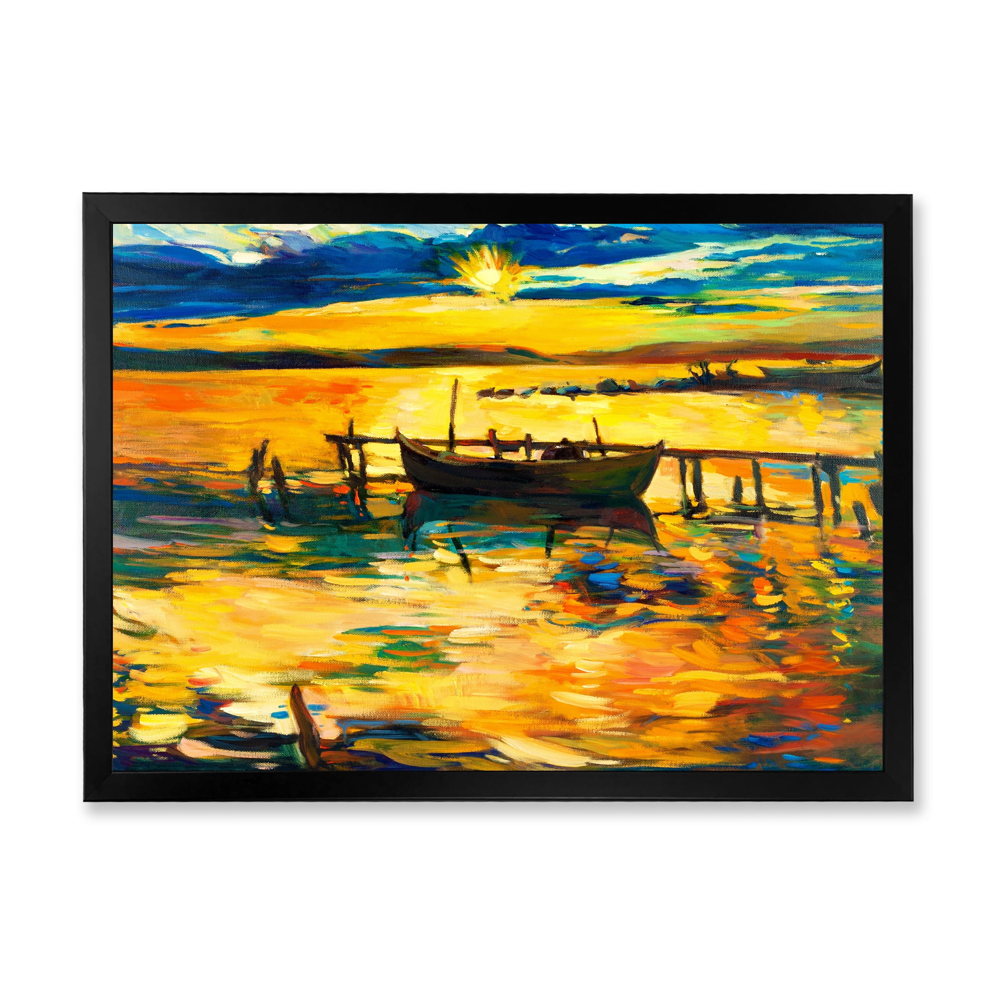 Boat At The Lake During Evening Glow VI 32 in x 24 in Framed Painting Canvas Art Print, by Designart