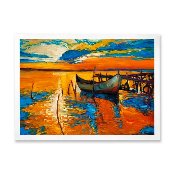 Boat At The Lake During Evening Glow VII 20 in x 12 in Framed Painting Canvas Art Print, by Designart