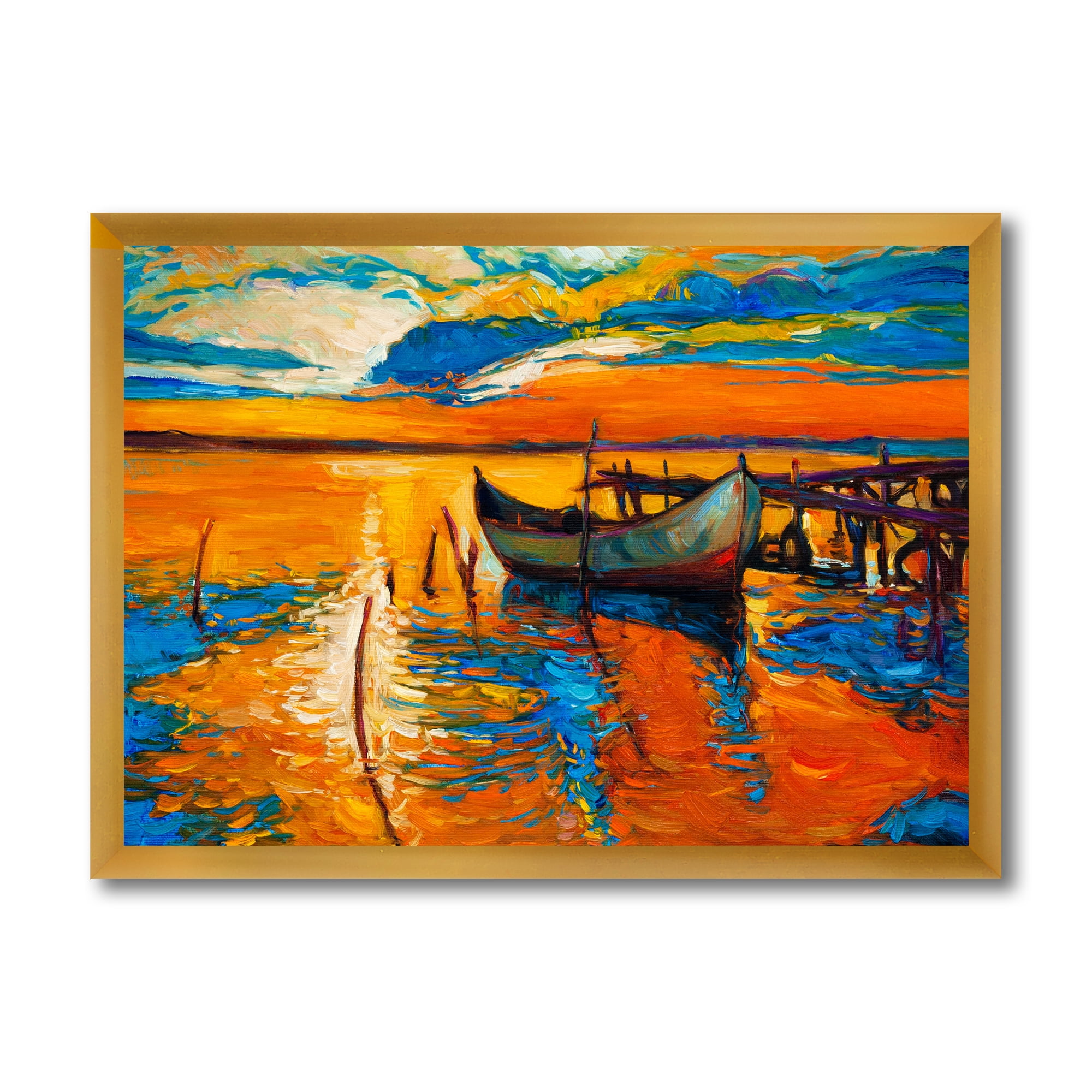 Boat At The Lake During Evening Glow VII 32 in x 16 in Framed Painting Canvas Art Print, by Designart