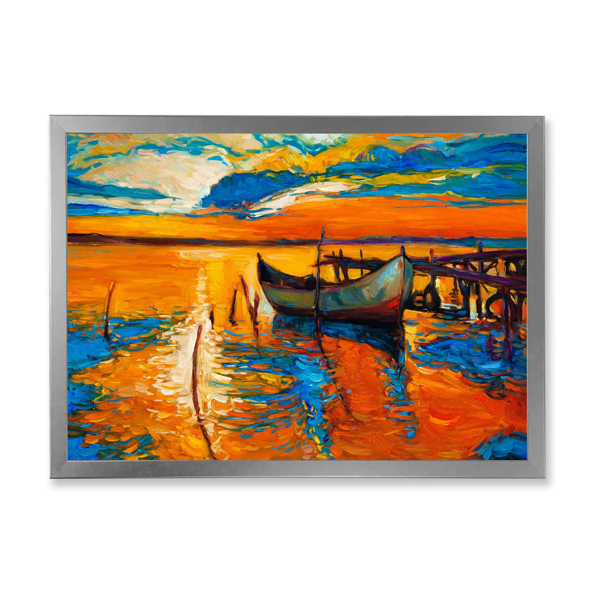 Boat At The Lake During Evening Glow VII 32 in x 16 in Framed Painting Canvas Art Print, by Designart