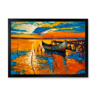 Boat At The Lake During Evening Glow VII 40 in x 30 in Framed Painting Canvas Art Print, by Designart