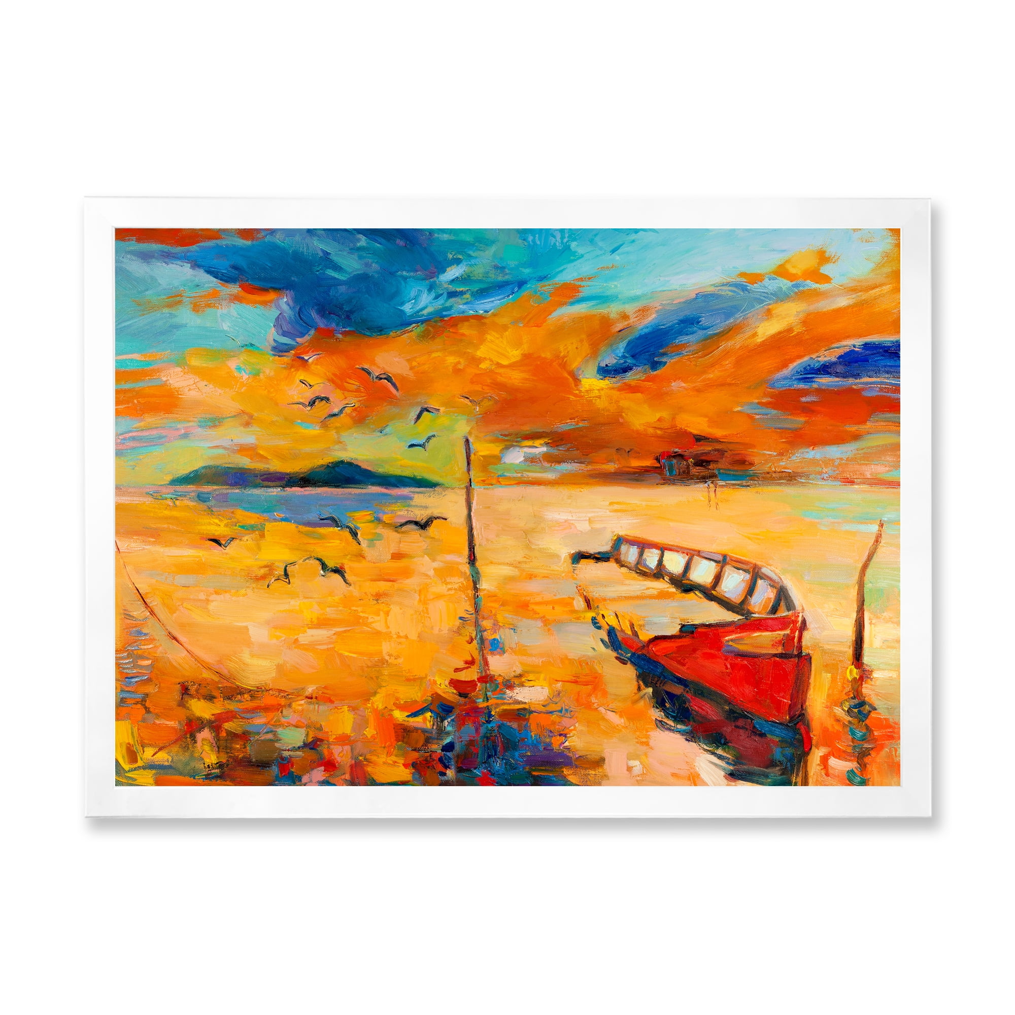 Boat At The Lake During Evening Glow VIII 32 in x 24 in Framed Painting Canvas Art Print, by Designart