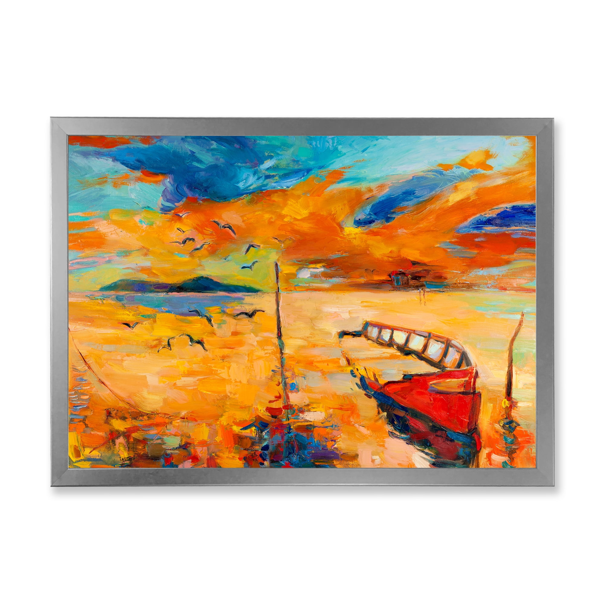 Boat At The Lake During Evening Glow VIII 32 in x 24 in Framed Painting Canvas Art Print, by Designart