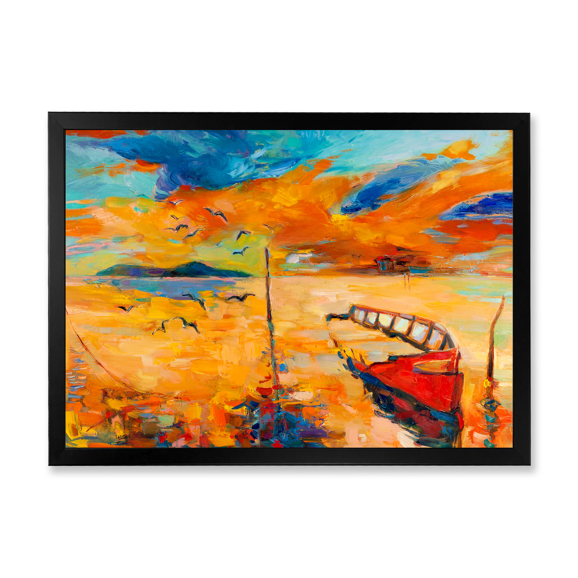 Boat At The Lake During Evening Glow VIII 32 in x 24 in Framed Painting Canvas Art Print, by Designart