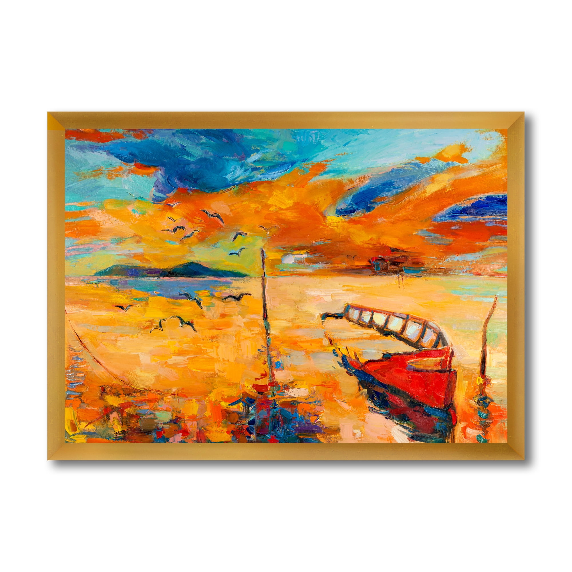 Boat At The Lake During Evening Glow VIII 40 in x 30 in Framed Painting Canvas Art Print, by Designart