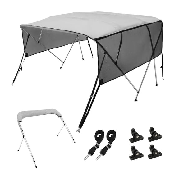 Boat Bimini Top 4 Bow, 600D Polyester, Detachable Mesh Sidewalls, 8'L x 54"H, Light Grey - UV50+ Protection & Aluminum Frame
