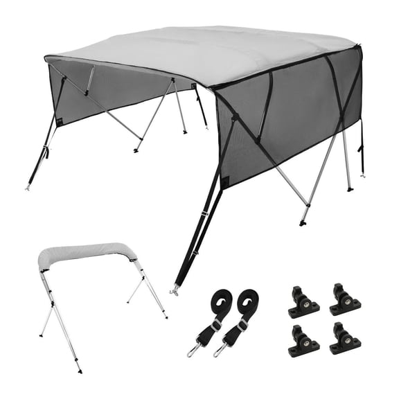 Boat Bimini Top 4 Bow, 8ft x 54in, 600D Polyester, Detachable Mesh Sidewalls, Aluminum Frame, Storage Boot & Straps, Light Grey, UV50+ Sun Protection