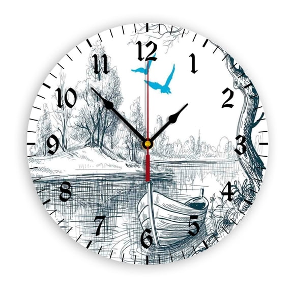 Boat on Calm River Wall Clock, Battery Operated, PVC Round Silent Non-Ticking Clock with Clear Numbers for Living Room, Kitchen, Bedroom, Office, School Decor 10inch-25cm