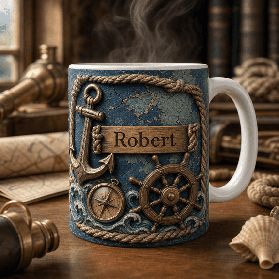 Boat Captain Dad Custom Mug, Personalized Nautical Coffee Mug with Anchor Compass Rope Wheel