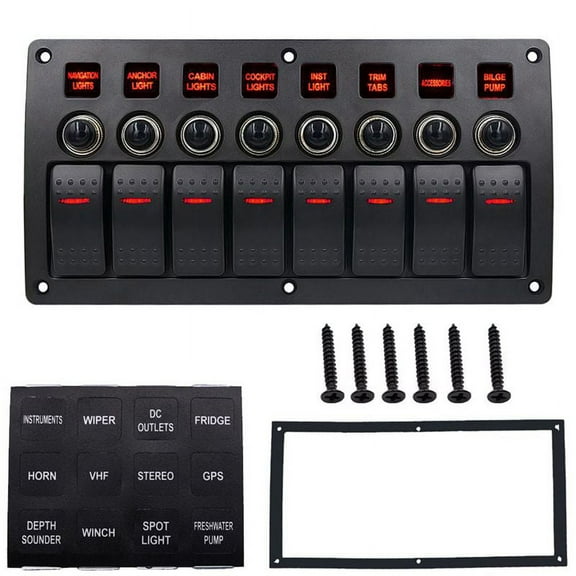 Boat Car Marine Rocker Switch Panel 8 Gang 3PIN & Circuit Breaker Overload Protection Waterproof LED DC12/24V ON-OFF Aluminium Switches
