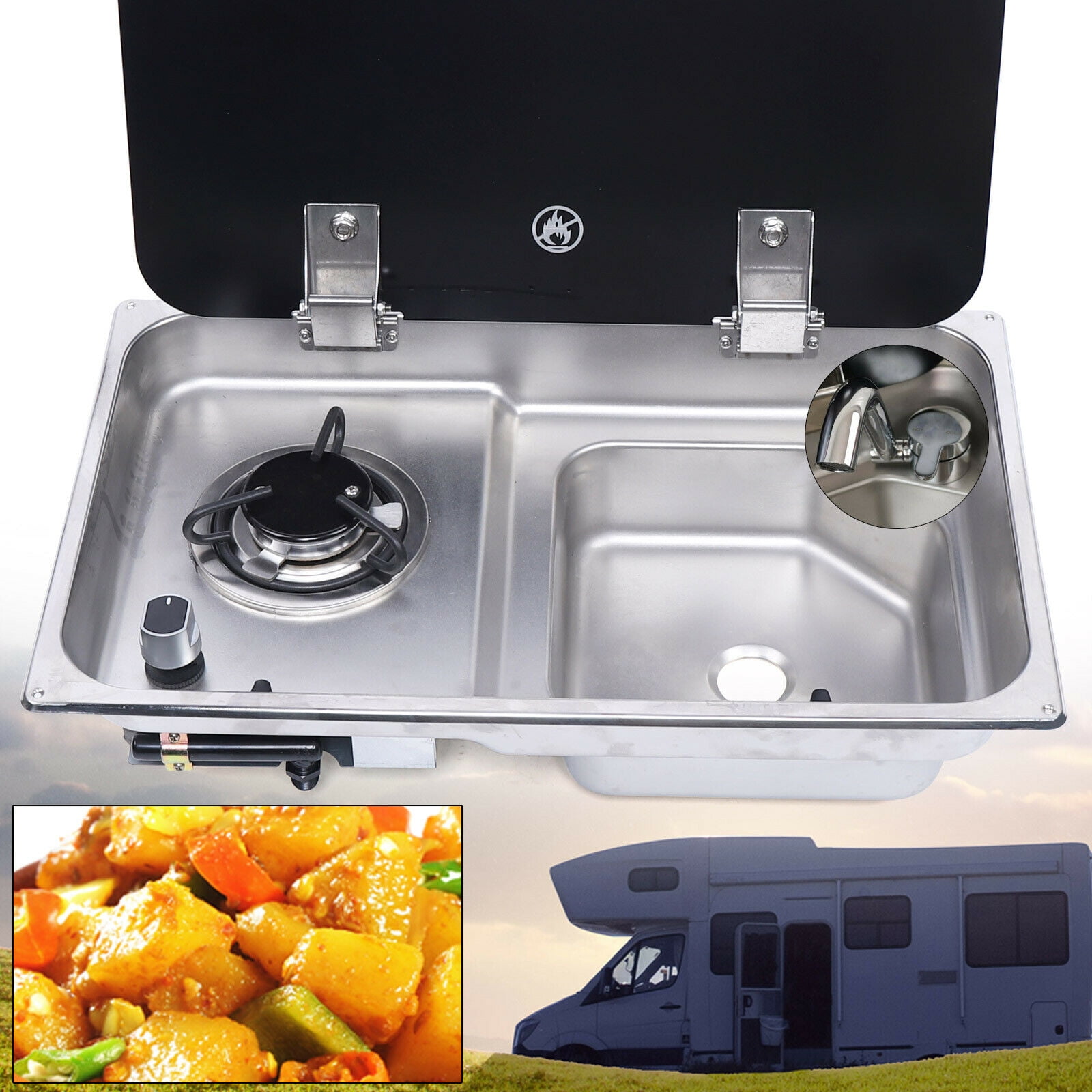 Boat RV Camper 2 Burners Gas Stove Hob with Sink Combo W/ Glass Lid Faucet