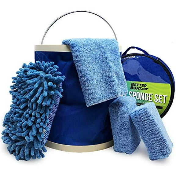 Boat Cleaner Microfiber Sponge Bucket and Microfiber Wash Cloths | Interior Exterior Seats and Fiberglass Hull Cleaning Kit Washing Sponges