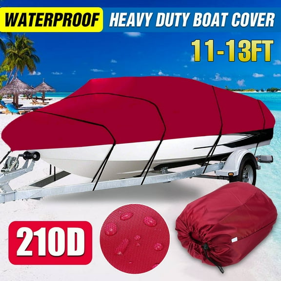 Boat Cover, 11-13ft Trailerable Boat Cover 210D Waterproof for Fishing Ski Bass V-Hull Tri-Hull Runabouts Boat Windproof UV Resistant, Wine Red