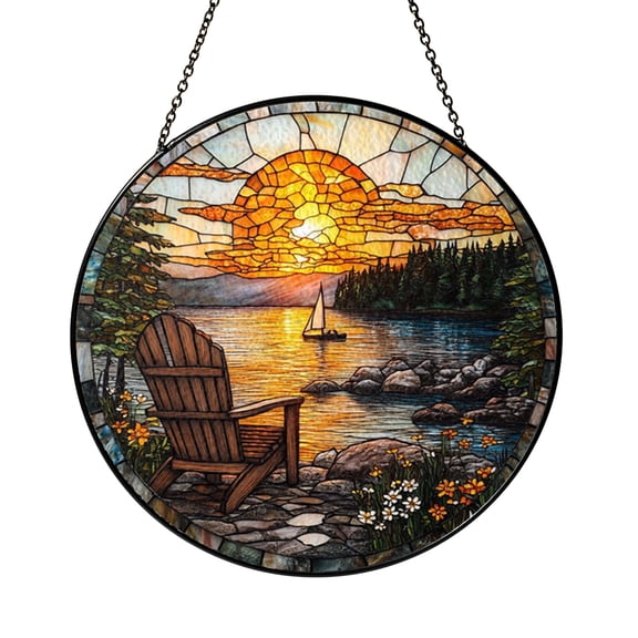 Boat Dock Landscape Suncatcher – Stained Glass Style Window Decor