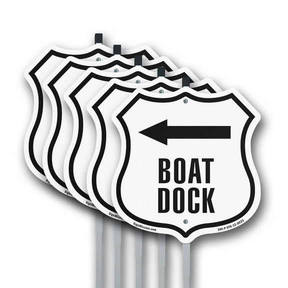 Boat Dock Left (5 Pack) 12 inch X 12 inch Shield Shaped Rust-Free Aluminum Metal Signs with Aluminum Mounting Stakes Weather Resistant Made in the USA