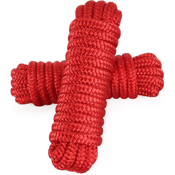 Boat Dock Lines 3/8'' x 15' Dock Line for Boats, Double Braided Nylon Boat Rope, Boat Lines for Docking with Loop, Mooring Lines Marine Rope Set - 2 Pack (Red)