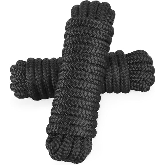 Boat Dock Lines 3/8'' x 15' Double Braided Nylon, Black, 2 Pack with Loop, Mooring Lines Marine Rope Set for Boating, Camping, Hiking