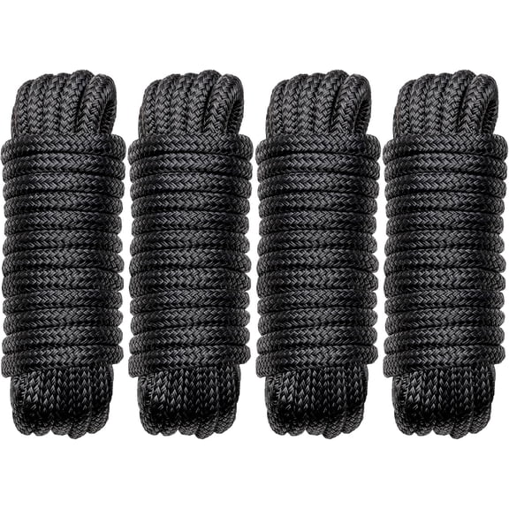 Boat Dock Lines Marine Rope - 1/2" x 15ft with Pre-Spliced 12" Loop Double Braided Nylon Ropes Bumper Tie Mooring Line for Boats Docking Pontoon Boating Accessories - 4 Pack Black