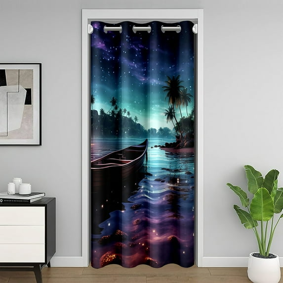 Boat Doorway Curtain 1 Panel,Seaside Tropical Coconut Trees Closet Door Curtain for Bedroom Living Room,Dreamy Lake Starry Glitter Sky Privacy Door Drape,84"x42"