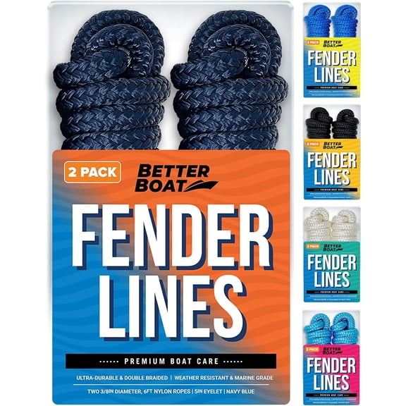 Boat Fender Lines, 3/8 Inch Double Braided Nylon Rope, 6 Ft with Loop, 2 Pack, Navy Blue, for Buoy, Jet Ski Mooring, Docking & Small Boat Bumpers