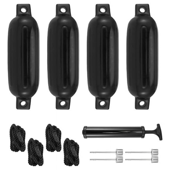 Boat Fenders 4 Pack 4.5x16 Inch Inflatable Ribbed Marine Boat with Lines 6.5 Ft Needles and Pump,4 pack x ribbed boat fenders(4.5x16 inch) 4 x inflating needles 4 x ropes(2M) 1 x Pump,Black