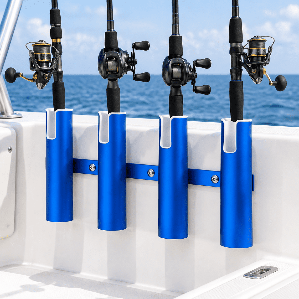 Custom Boat Rod Racks Boat Fishing Rod Holder, Large Blue 4 Tubes, Marine Grade Aluminium ...