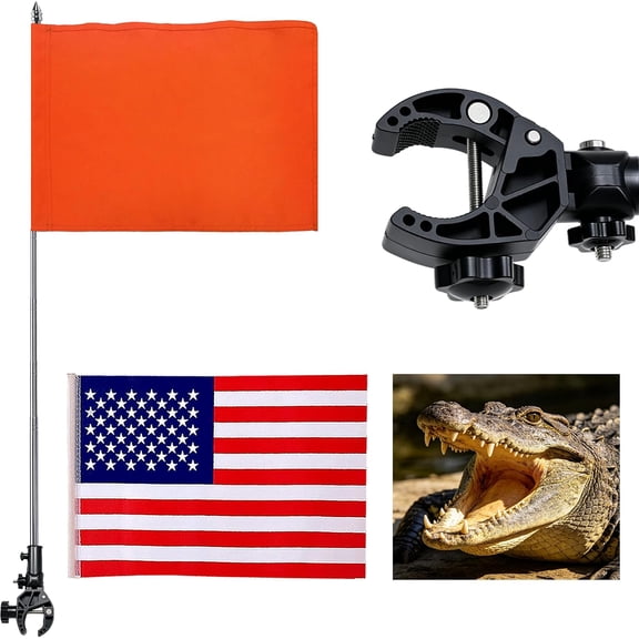 Boat Flags Pole and Flags Set, 2Pcs Orange Boat Flag and American Flag, 60'' Telescopic Reinforced Pole with Alligator Mount, 360 Adjustable Water Ski Flag for Boat Accessories
