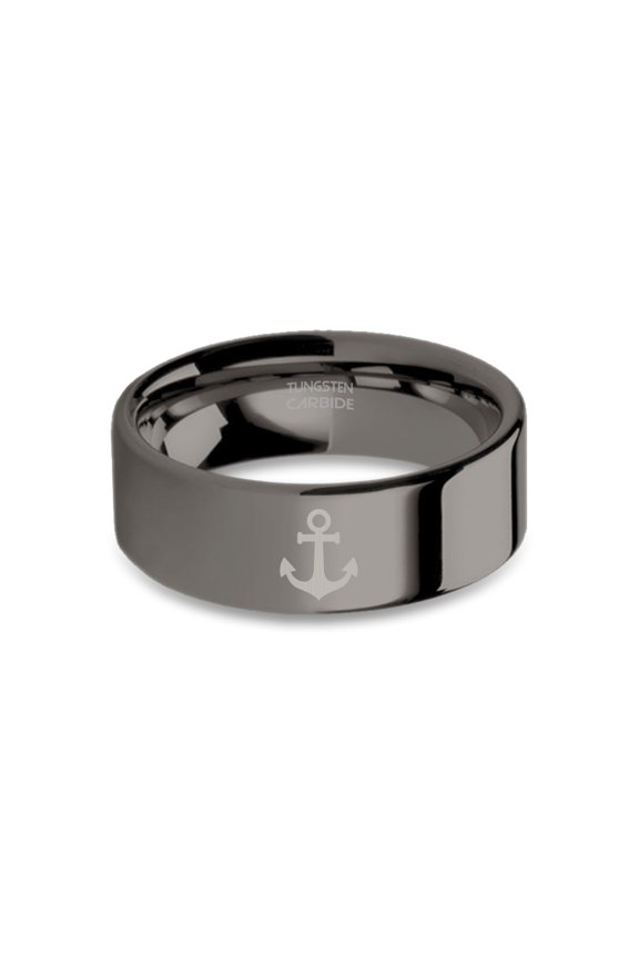 Boat Fluked Anchor Engraved Gunmetal Gray Tungsten Ring, Polished, 8mm, Size 13