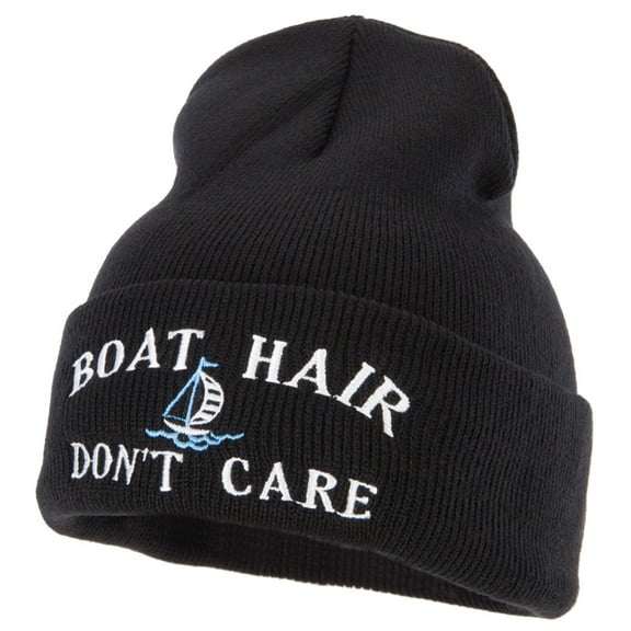 Boat Hair Don't Care Embroidered 12 Inch Long Knitted Beanie - Black OSFM
