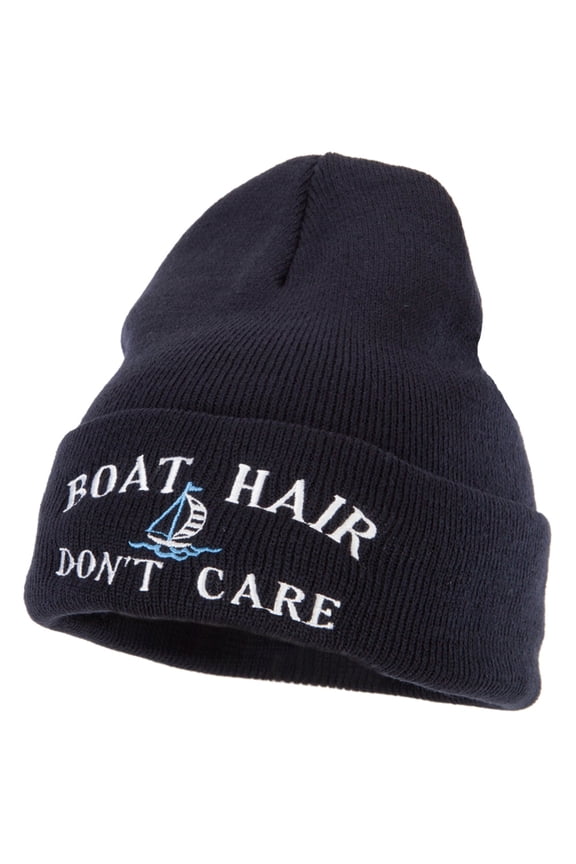 Boat Hair Don't Care Embroidered 12 Inch Long Knitted Beanie - Navy OSFM