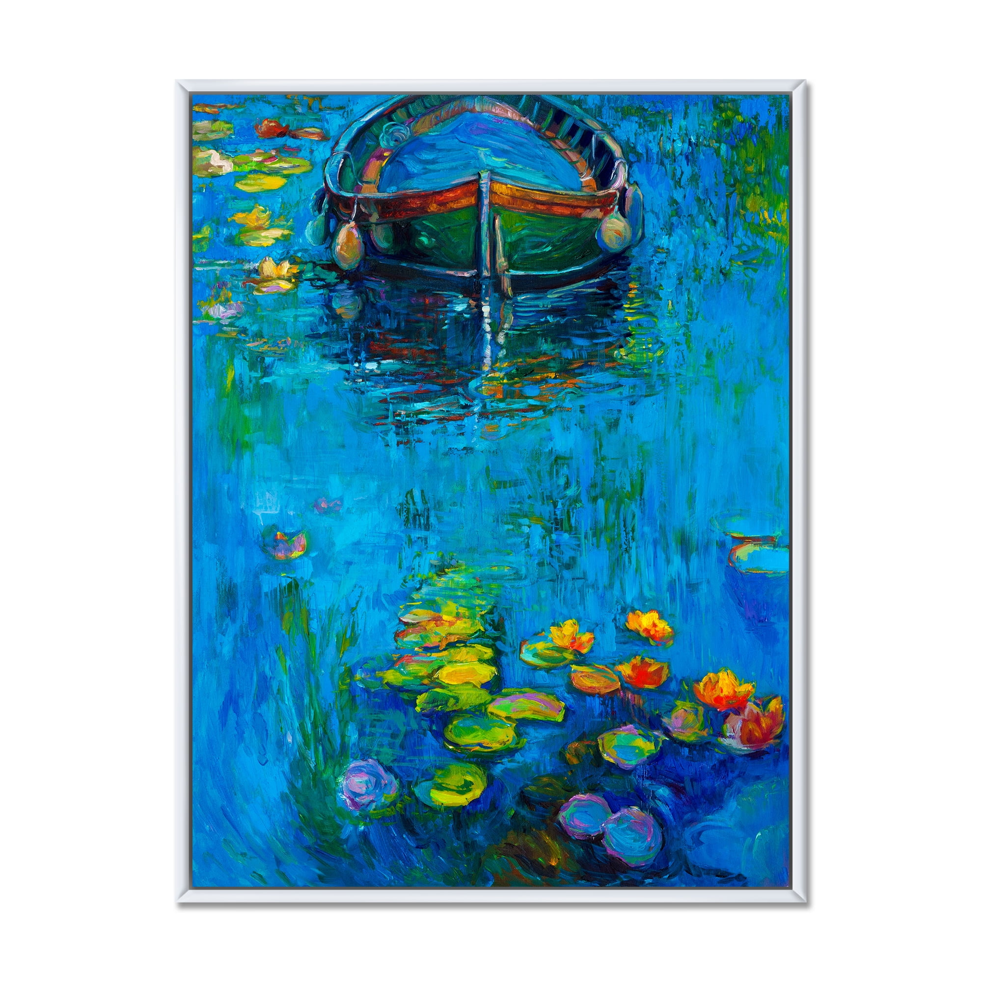 Boat In Blue Lake 24 in x 32 in Framed Painting Canvas Art Print, by Designart