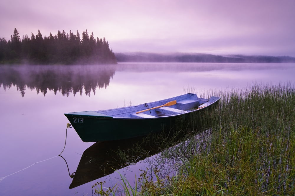 Boat In Mist At Dawn Rimouski Lake Rimouski Wildlife Reserve Bas-Saint-Laurent Region Quebec Canvas Art - Yves Marcoux Design Pics (17 x 11)