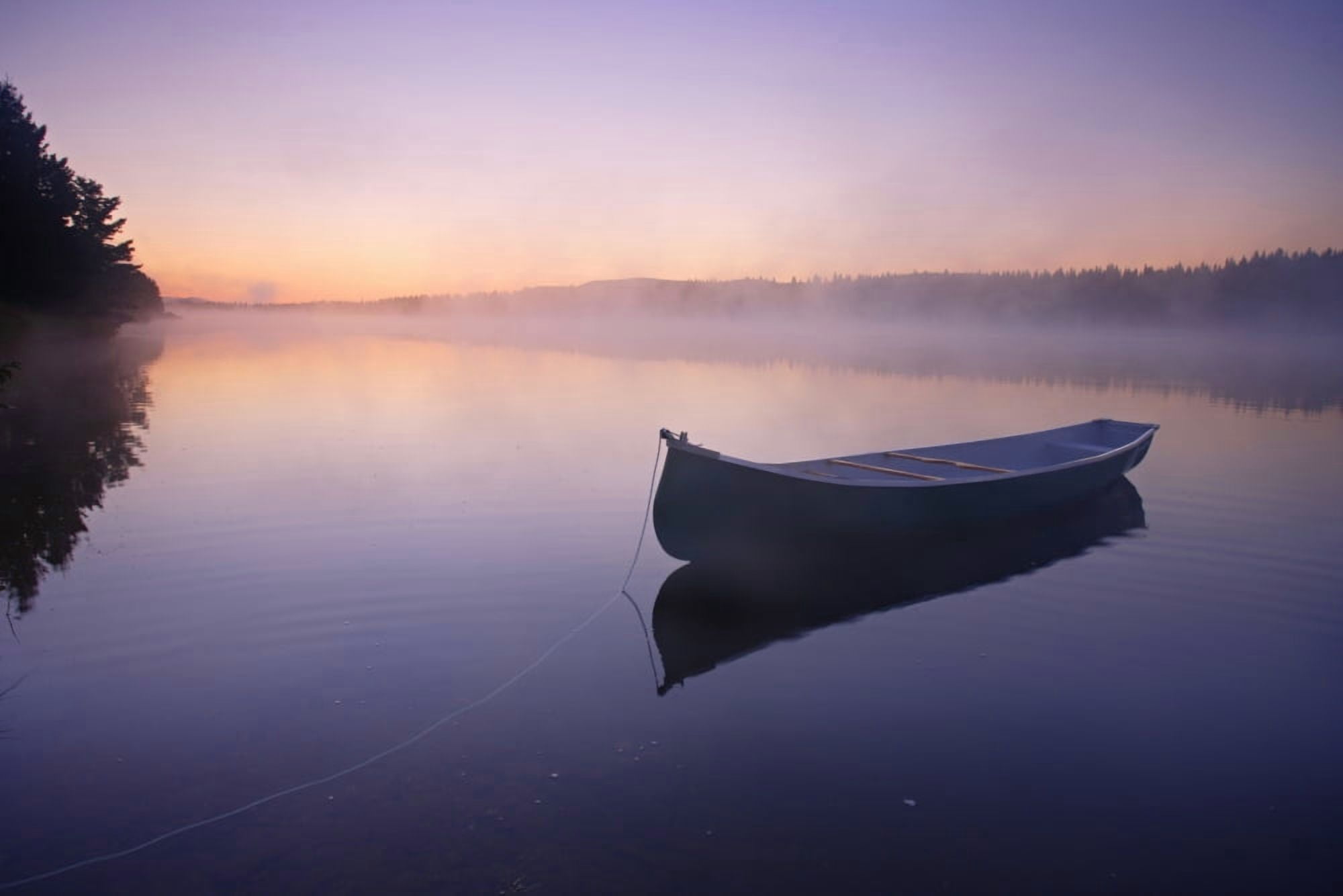 Boat In Mist On Trout Pond Gaspesie Wildlife Reserve Quebec Canvas Art - Yves Marcoux Design Pics (34 x 22)