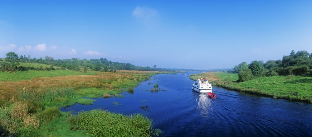 Boat In The River Shannon-Erne Waterway Keshcarrigan Republic Of Ireland Canvas Art - The Irish Image Collection Design Pics (44 x 20)