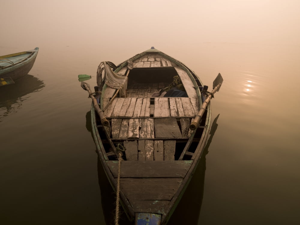 Boat In The Water Varanasi India Canvas Art - Keith Levit Design Pics (18 x 13)