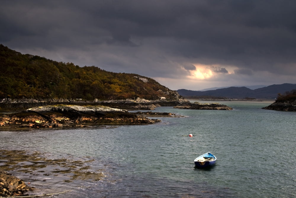 Boat In Water Loch Sunart Scotland Canvas Art - John Short Design Pics (34 x 22)