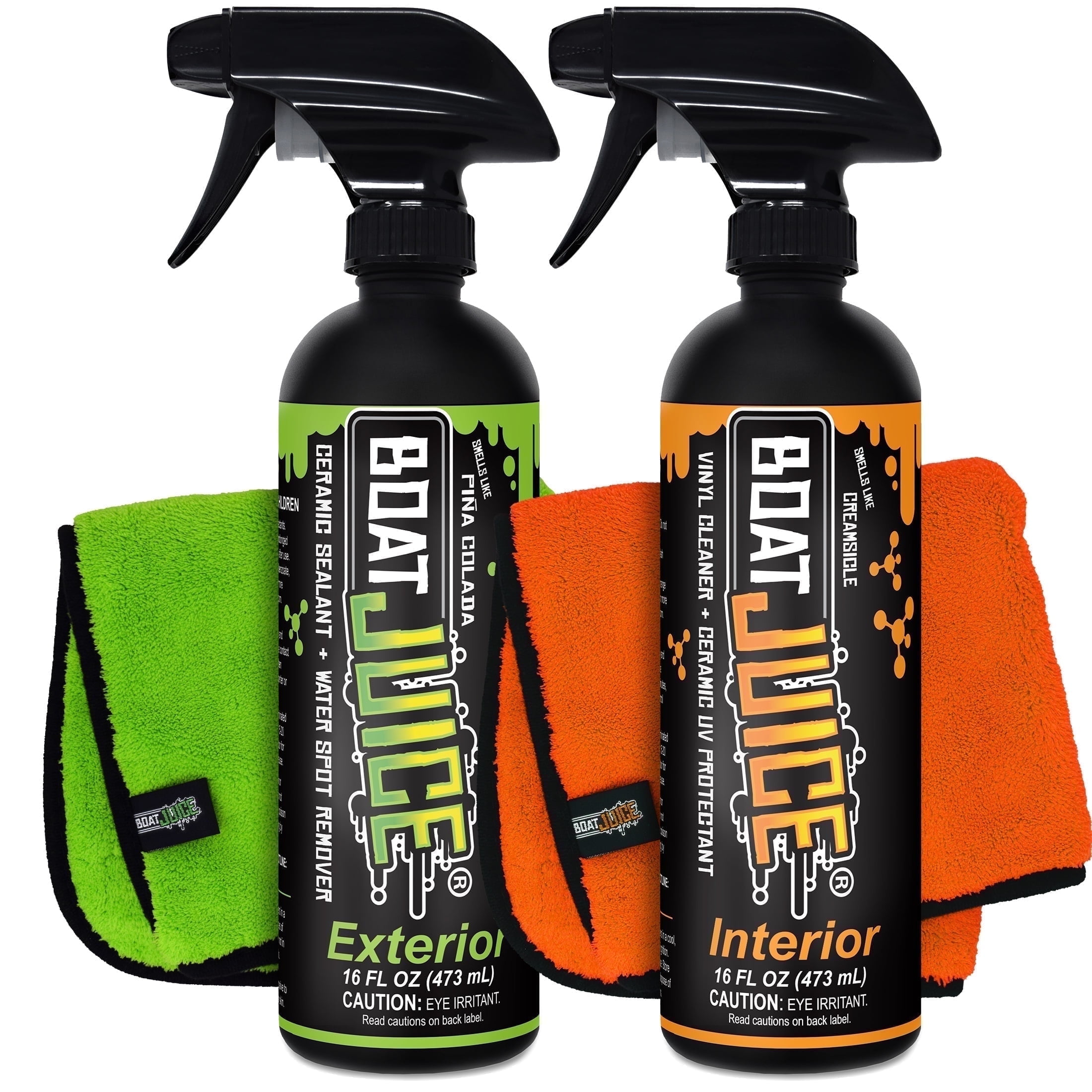 Boat Juice Essentials Boat Cleaning Kit  Exterior Water Spot Remover, Interior Vinyl Cleaner & 2 Microfiber Towels  Marine Cleaning & Detailing Kit, Made in USA