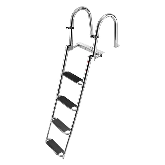 Boat Ladder, 4 Steps, Stainless Steel Telescoping Folding Swim Deck Ladder for Rear Entry Inboard, 600lbs Capacity with Extra Wide Anti-Slip Steps & Handrails, for Outboards, Yacht, Pontoon Boat