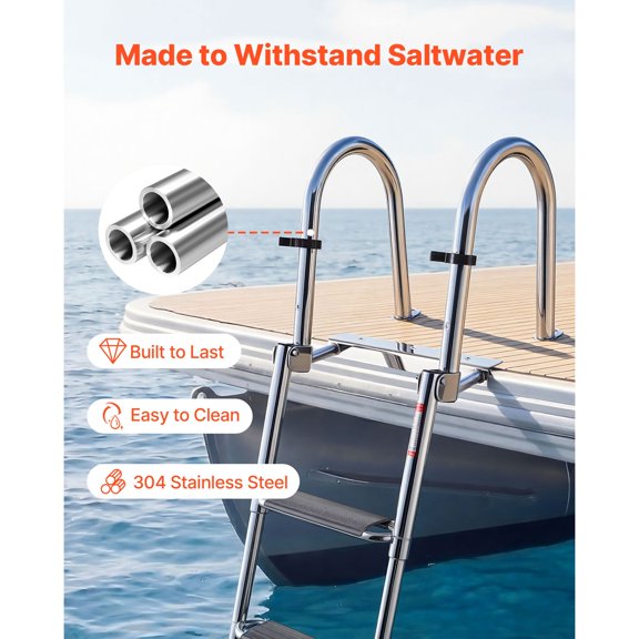 Boat Ladder, 4 Steps, Stainless Steel Telescoping Folding Swim Deck Ladder for Rear Entry Inboard, 600lbs Capacity with Extra Wide Anti-Slip Steps & Handrails, for Outboards, Yacht, Pontoon Boat
