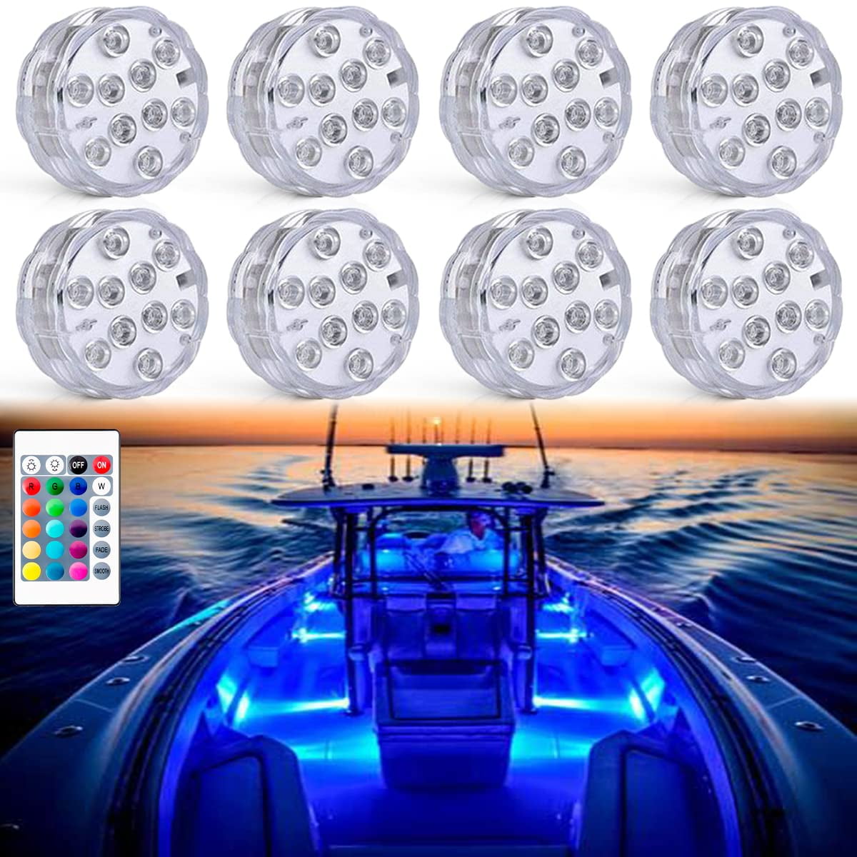 Boat Lights Wireless Battery Operated, Waterproof Marine Led Light for Deck Light Courtesy Interior Lights, for Fishing Kayak Duck Boat, RGB Multi Color Remote Controlled, 8pcs