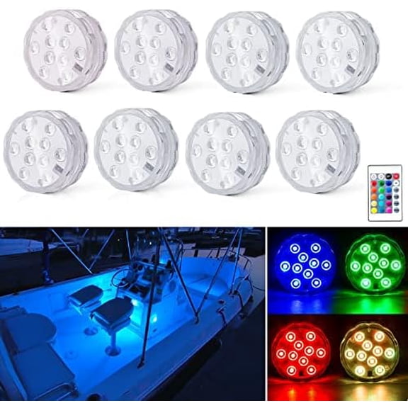 Boat Lights Wireless, Battery Powered Operated Marine Led Interior Light for Boat Deck Courtesy Light, for Fishing Pontoon Sailboat Kayak, Remote Control Multi Changing, RGB, 8PCS$$Watercraft