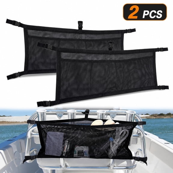 Boat Mesh Storage Bag, 2 Pack Black 67.2x31.5cm Rectangle Net Hanging Pouch for Boat Railing, Fishing Gear, Life Vest, Beach, Outdoor