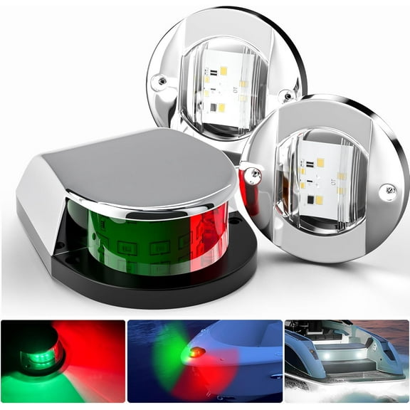 Boat Navigation Lights LED Waterproof Marine Bow Stern Side Interior Deck Transom Lights w/Chrome bezels for Pontoon Fishing Small Bass Boat Yacht Kayak (1Pcs Red and Green, 2Pcs White)