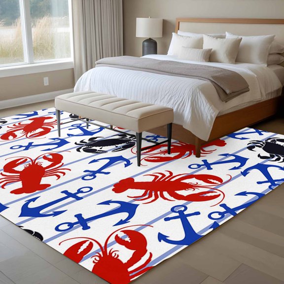 Boat Navy Anchors 6x9 Rug for Dining Room Table and Chair Setup, Black Crabs Red Lobster Stripes Oceans Low Pile Washable Non Slip Rectangle Area Rug