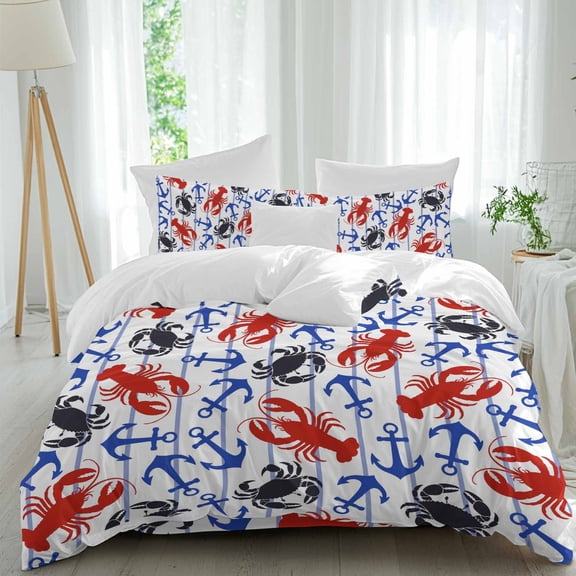 Boat Navy Anchors Queen Size Comforter Set, Black Crabs Red Lobster Stripes Oceans Bedding for All Seasons, 4 Pcs Bed Set, 1Quiltcover (90"x92") ,1Sheet(94"x116"), 2Pillowcases (30"x20")