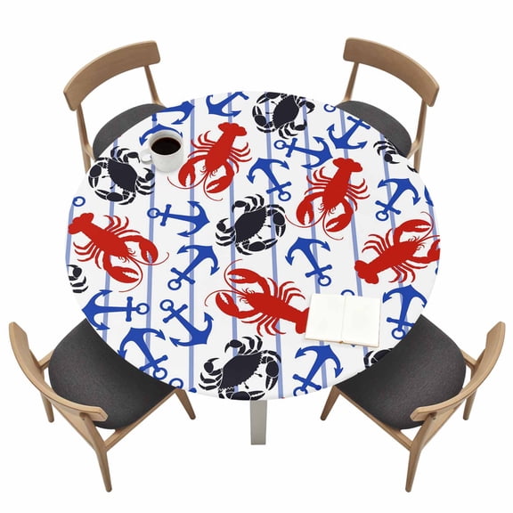 Boat Navy Anchors Round Fitted Tablecloth with Elastic Edge Black Crabs Red Lobster Stripes Oceans Table Cover Fit for 36"-44" Tables Waterproof Tablecloths for Dinner Camping Picnic